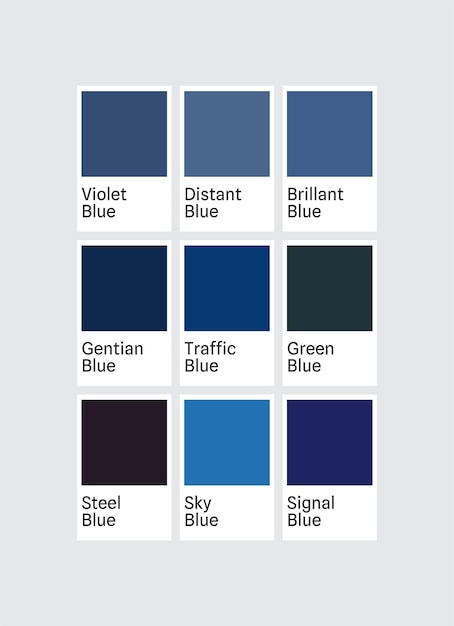 Beispiel für einen blauen Farbpalettenkatalog mit verschiedenen Farbnamen