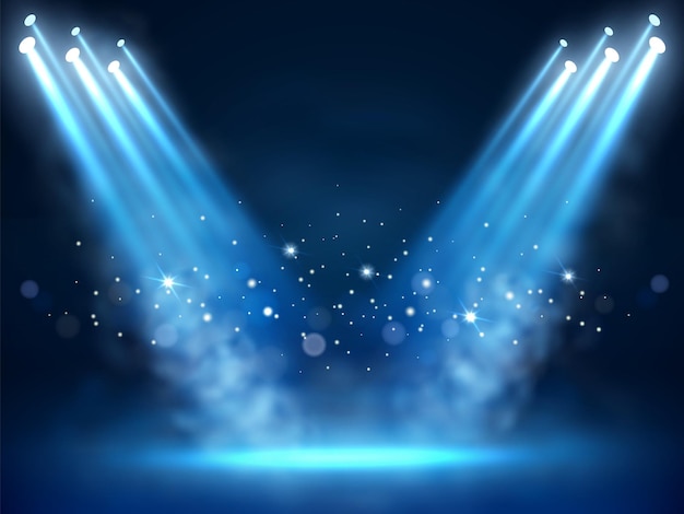 Beleuchtete Bühne und blauer Rauch Nachtblitz im Nebel Suchscheinwerfer Leere Präsentation 3D-Plattformmodell mit Nebel- und Scheinwerferstrahl Leuchtende Partikel Szenenbeleuchtung Vektorhintergrund
