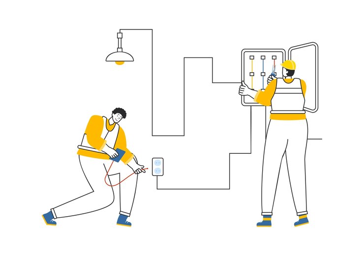 Vektor beleuchtungs- und elektrizitätsvektor-illustration mit einer glühbirnenlampe und einem energiewartungs-dienstpanel für techniker-elektroarbeiten