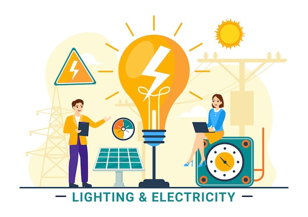 Vektor beleuchtungs- und stromvektor-illustration mit lampen- und energiewartungsanlage