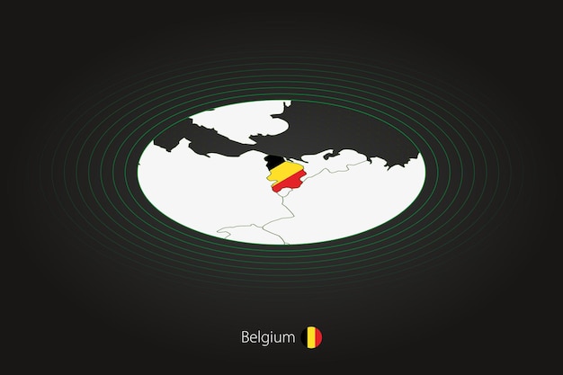 Belgien-karte in dunkler farbe, ovale karte mit nachbarländern. vektorkarte und flagge von belgien