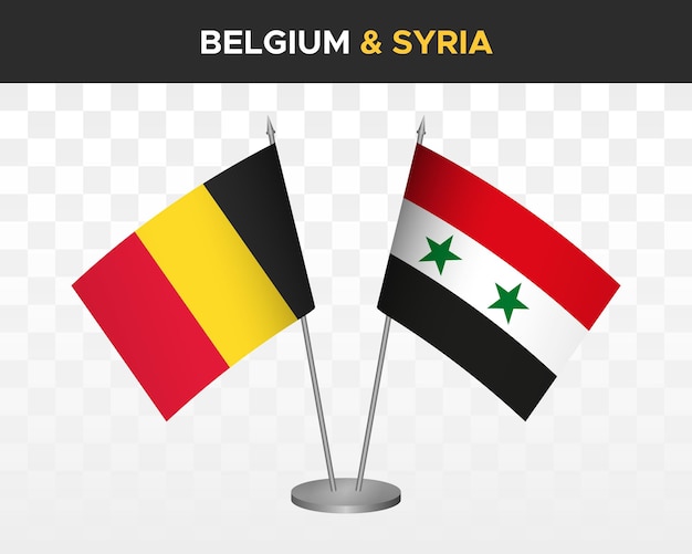 Belgien vs syrien schreibtischfahnen mockup isolierte 3d-vektorillustration tischfahnen