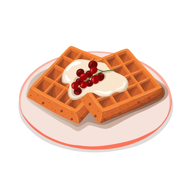 Vektor belgische waffeln auf einem hellen teller mit weißer sahne und roten johannisbeeren. vektorillustration handgezeichnet