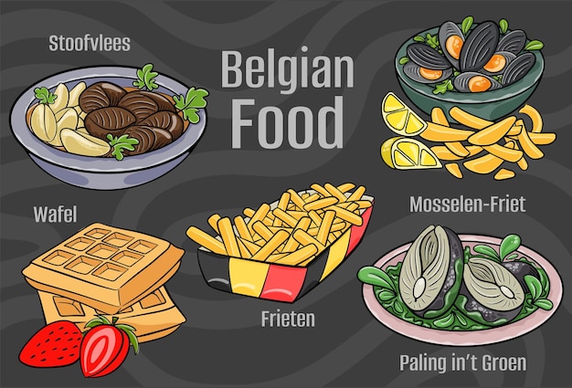 Belgisches Essen Eine Reihe klassischer Gerichte Cartoon handgezeichnete Illustration