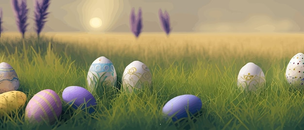 Bemalte Eier legen im Frühling Gras und Blumen Ostern Grenze Banner flache Vektorillustration Ostern