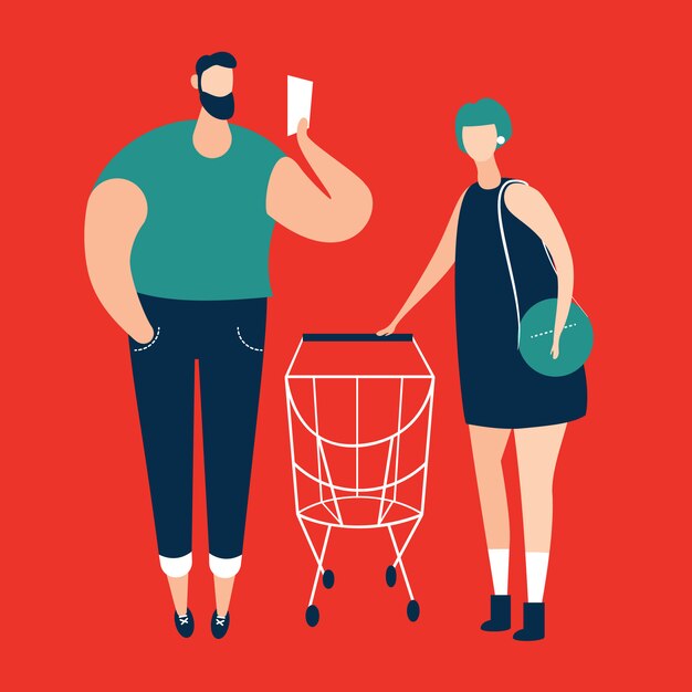 Vektor bemannen sie die überprüfung der einkaufsliste und der frauen, die einkaufslaufkatze am supermarkt tragen. vektor-illustration