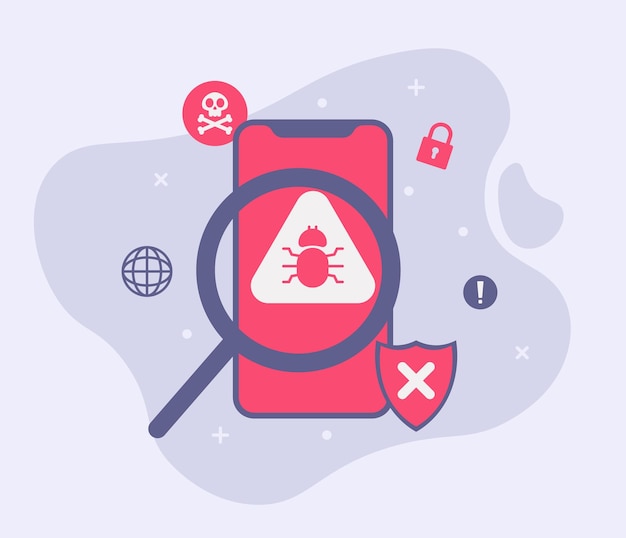 Benachrichtigung über Virenwarnmeldung auf dem Smartphone Benachrichtigung über Malware und Viren oder Fehler im Mobiltelefon Rote Warnmeldung Warnung vor Spam-Daten, unsicherer Verbindung, Betrug Vektorillustration