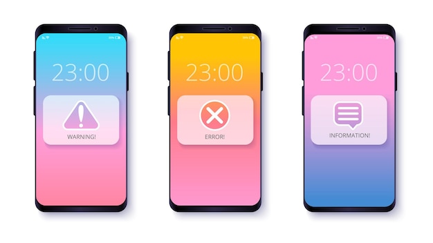 Benachrichtigungs-Popup-Meldungen für das Design mobiler Apps Warnfehler- und Info-Benachrichtigungen