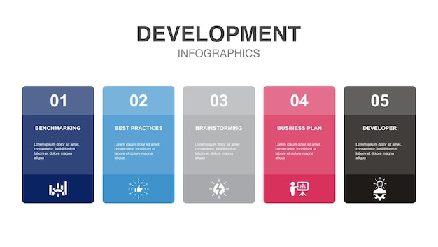 Benchmarking Best Practices Brainstorming Businessplan Entwicklersymbole Infografik-Design-Layoutvorlage Kreatives Präsentationskonzept mit 5 Schritten