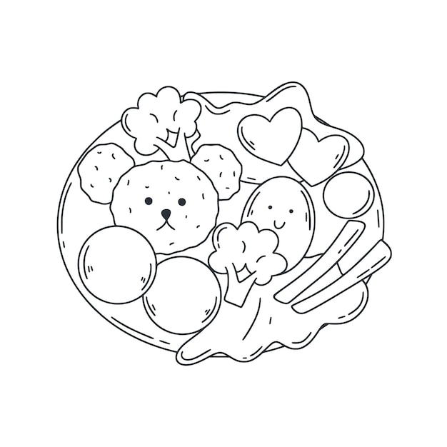 Bento kids food set doodle style illustration einfache tintenskizze kindermittagessen mit asiatischem essen