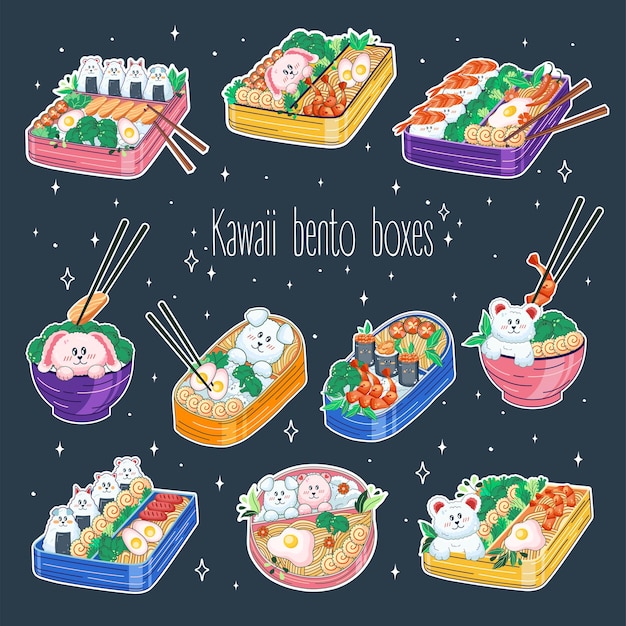 Bento-kisten und schüsseln im kawaii-stil schöne farbenfrohe illustrationen japanisches essen in mittagsschüsseln