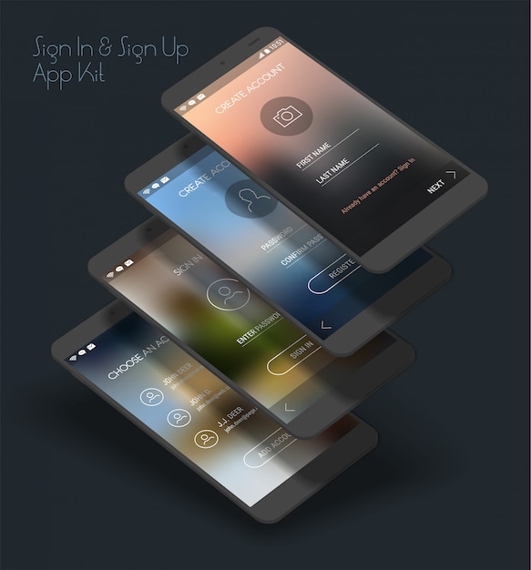 Vektor benutzeroberfläche der mobilen app anmelden und registrieren bildschirme 3d mockup kit