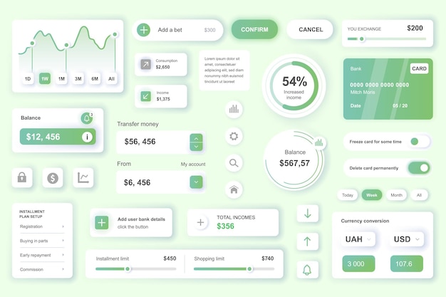 Vektor benutzeroberflächenelemente für die bank-mobile-app oder web-kit-vorlage mit hud-kreditkartenverwaltung, einkommensbilanzdaten, geldübertragung, online-konto, paket von ui-ux-gui-vektorkomponenten