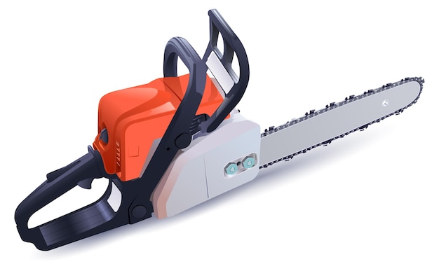 Benzin-Kettensäge leistungsstarkes Werkzeug zum Sägen von Holz. Vektor-Illustration isoliert auf weiß