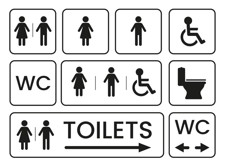 Bereit zum Drucken von Toilettenschildern Vektor, WC-Symbol, Behinderten-WC-Schild