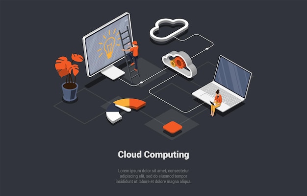 Bereitstellung von Cloud-Computing-Computing-Diensten, einschließlich Server, Speicherdatenbanken, Hitech-Cloud-Verbindungstechnologie, Verfügbarkeit von Computersystemressourcen, isometrische 3D-Vektorillustration