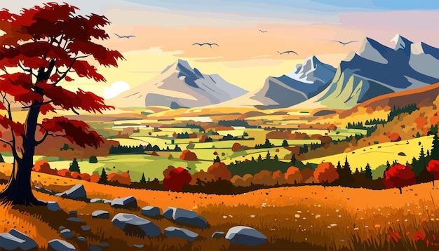 Vektor berg herbst wald tal szene mit bäumen schöne tapete vektor illustration vektor