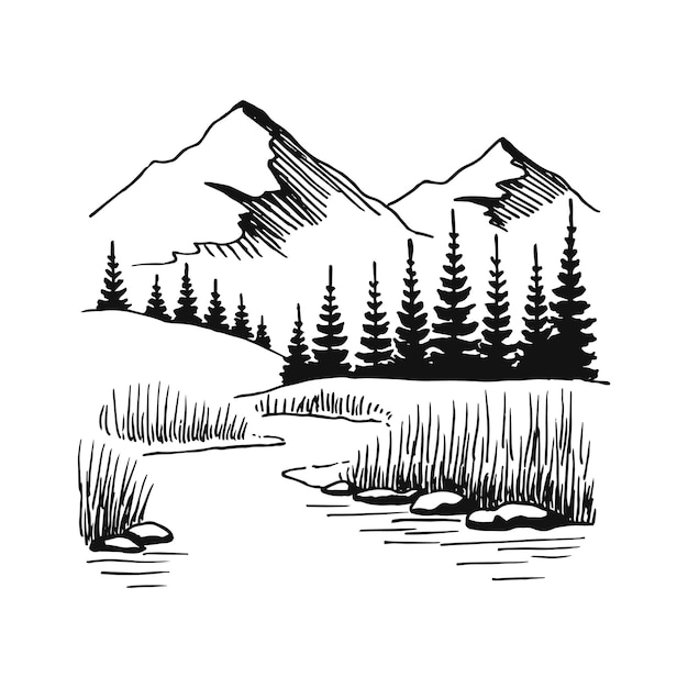 Vektor berg mit kiefern und seelandschaft schwarz auf weißem hintergrund. handgezeichnete felsige gipfel im skizzenstil. vektor-illustration.