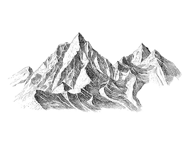 Vektor berg mit pinien und landschaft schwarz auf weißem hintergrund handgezeichnete felsige gipfel