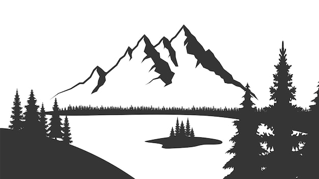Berg mit Pinien und Landschaft schwarz auf weißem Hintergrund Vektor-Illustration Berg mit Pinien auf weißem Hintergrund Berg verctor Illustration