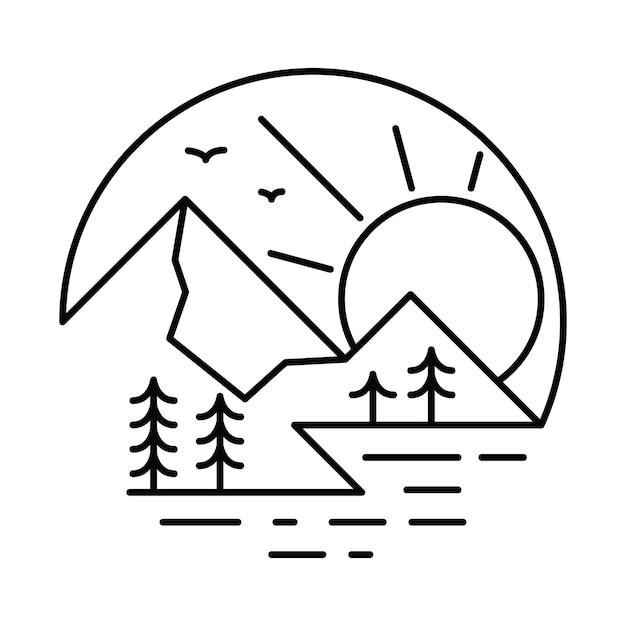Berg natur abenteuer wilder sonnenaufgang linie abzeichen patch pin grafik illustration t-shirt design