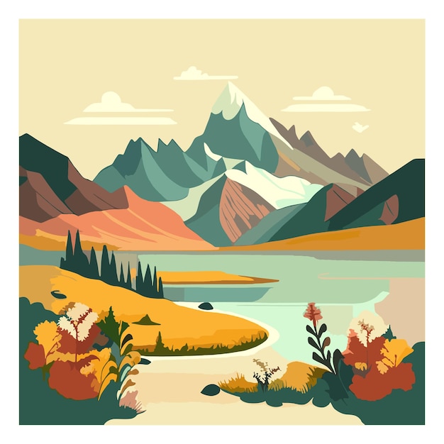 Berg-See-Landschaft Vektor-Illustration Cartoon flaches Panorama des Frühlings Sommer schön