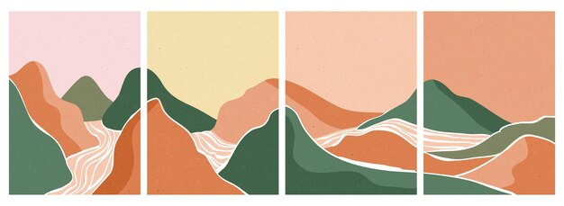 Berg, Wald, Hügel, Welle, Sonne und Mond am großen Set. Moderner minimalistischer Kunstdruck der Mitte des Jahrhunderts. Abstrakte zeitgenössische ästhetische Landschaft.