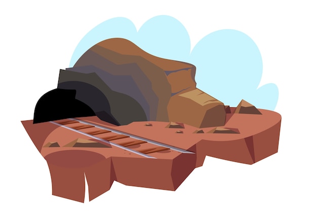 Bergbauhöhlenillustration, Mineneingang mit Eisenbahnstraße zum Tunnel.
