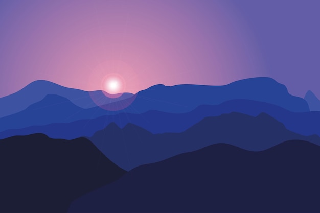 Berge bei Sonnenaufgang. Vektorhintergrund mit einer Landschaft von blauen Hügeln und Felsen.