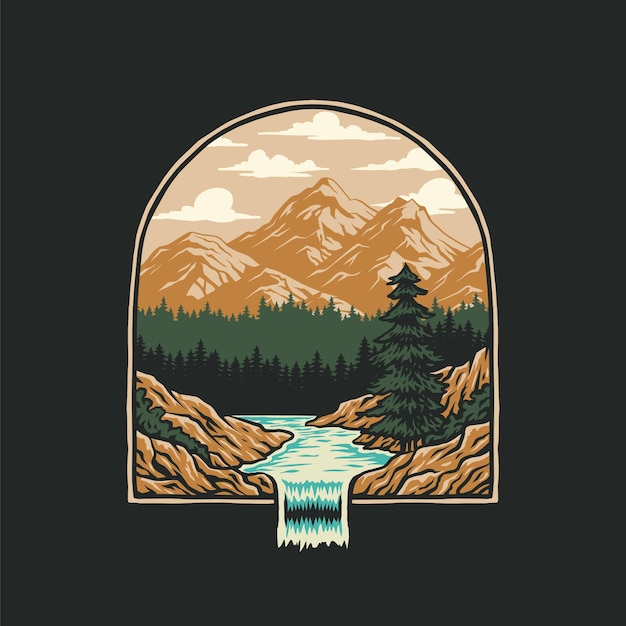 Berge mit Fluss-T-Shirt-Grafikdesign, handgezeichnete Linie mit digitaler Farbe, Vektorillustration