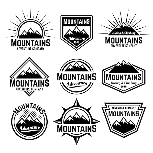 Berge setzen einfarbige vintage-abzeichen, etiketten oder embleme
