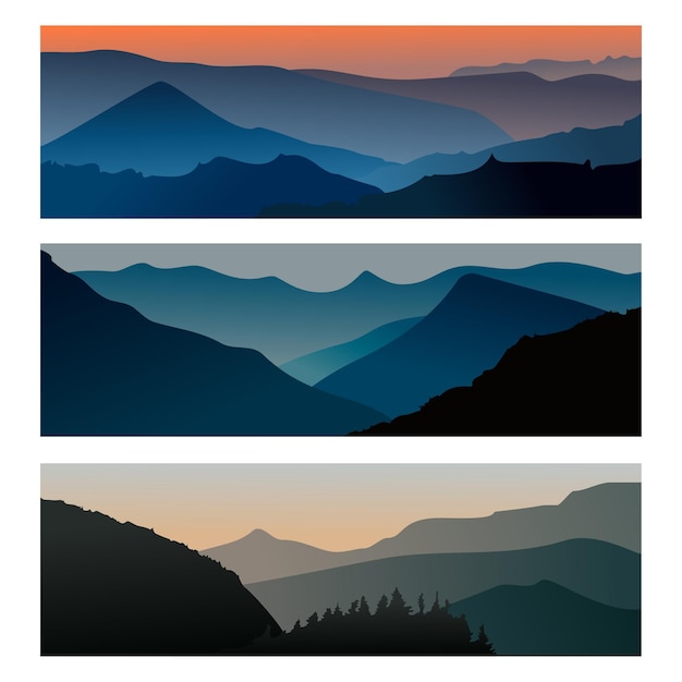 Berge Sonnenaufgang und Berge Sonnenuntergang horizontale Banner Reisen Berglandschaft Vektor