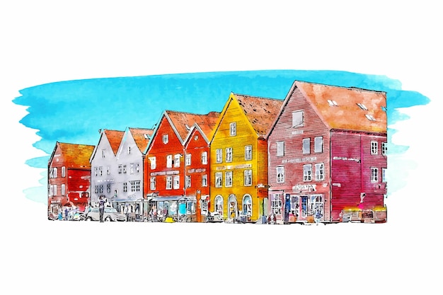 Bergen Hordaland Aquarell handgezeichnete Illustration isoliert auf weißem Hintergrund