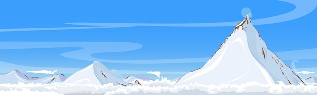 Vektor berggipfel erhebt sich über dichten wolken in den strahlen der sonne bergkette mit schnee bedeckt panorama-tierlandschaft künstlerische zeichnung vektor-illustration
