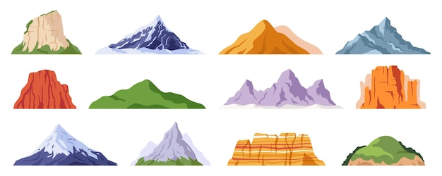 Berggipfel isoliert, flaches design, klippenrelief, bergsilhouette mit schneebedecktem gipfel, landschaft, grüner hügel und felsen, rasant, wandern, reisen, natur, vektorsatz von felsen, bergtourismus, illustration