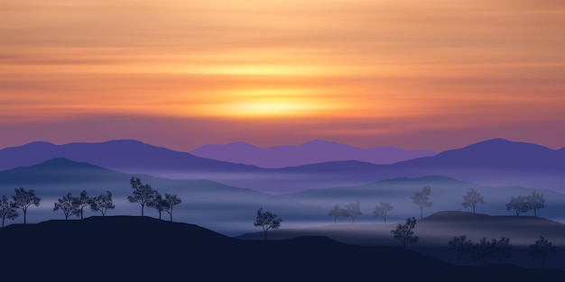 Vektor berglandschaft bei sonnenuntergang nebel und hügel ländlich