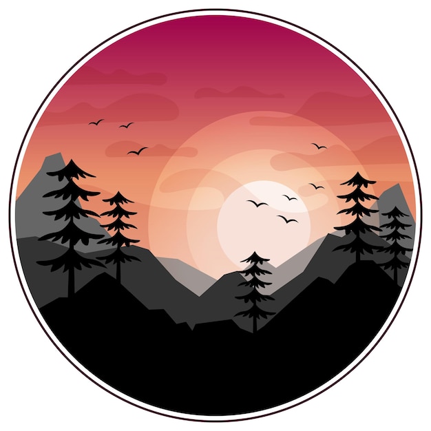 Vektor berglandschaft berge tannen bäume vor dem hintergrund des sonnenuntergangs clipart drucken