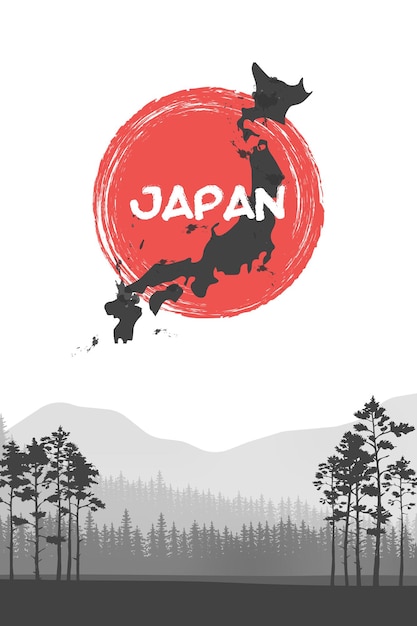 Berglandschaft. illustration des japan-flaggen-vektor-hintergrundes. sunburst-effekt im retro-stil