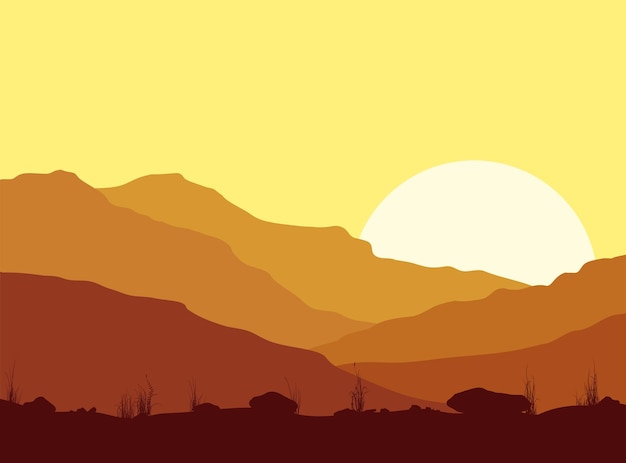 Berglandschaft mit gelber Sonnenuntergang Vektorillustration