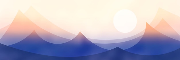 Bergpanoramablick, abstrakte Stilisierung, Sonnenuntergangslicht und Sonne, Vektorillustration