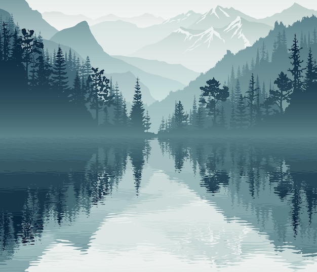 Bergsee bei Tagesanbruch wilde bewaldete Schlucht neblige Silhouetten von Bergrücken Illustration