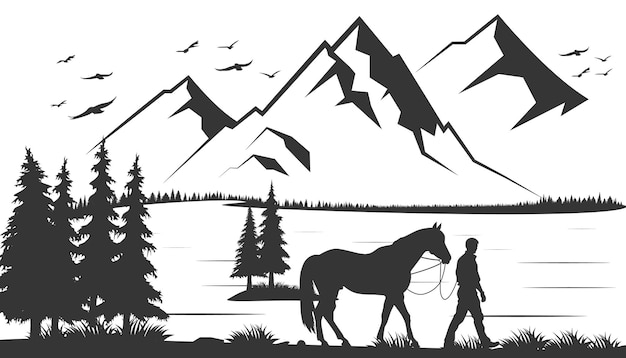 Bergsee-silhouette, grafische kunst, schwarz-weißer landschaftsillustrationsvektor, berg- und see-schwarz-weiß-illustration, bergvektorillustration