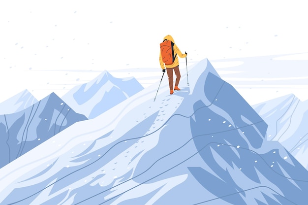 Bergsteiger erreicht den Gipfel bei Sonnenaufgang Abenteuerkonzept Wanderer in gelber Jacke mit Trekkingstangen auf schneebedeckten Gipfeln farbenfrohe Gradienten Hintergrundlandschaft