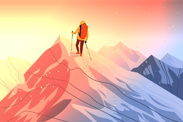 Bergsteiger erreicht den Gipfel bei Sonnenaufgang Abenteuerkonzept Wanderer in gelber Jacke mit Trekkingstangen auf schneebedeckten Gipfeln farbenfrohe Gradienten Hintergrundlandschaft