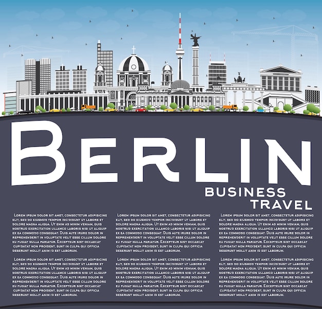 Berliner skyline mit grauen gebäuden, blauem himmel und textfreiraum. vektor-illustration. geschäftsreise- und tourismuskonzept mit historischer architektur. bild für präsentationsbanner-plakat und website.