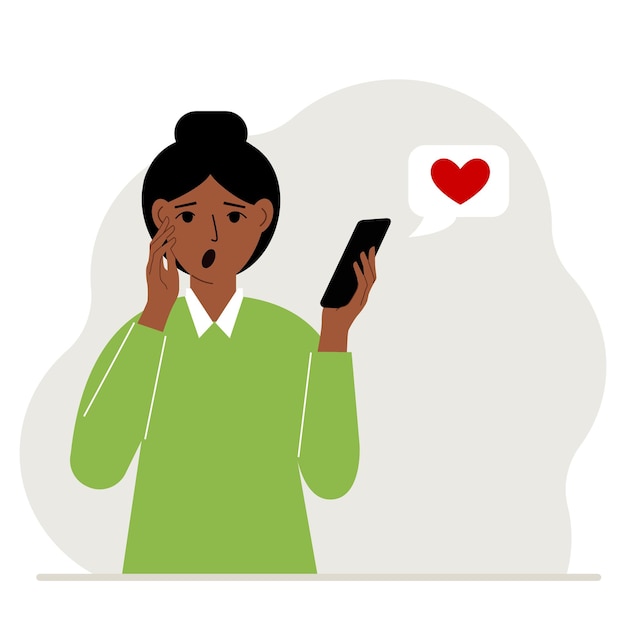 Überraschte Frau liest eine Nachricht auf seinem Handy Nachricht mit rotem Herz Flache Vektorgrafik