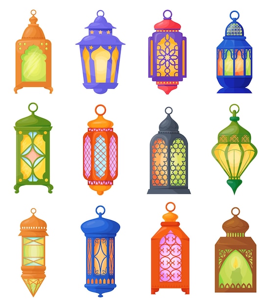 Berühmte laternen cartoon-ramadan-lampen für die iftar-party, die alte arabische lampen oder ramadan-laternenfanoos aufhängen, traditionelle islamische muslimische religion eid mubarak ordentliche vektorillustration