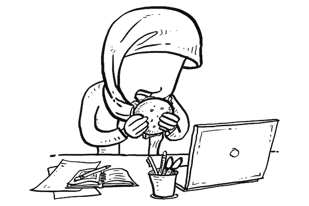 Beschäftigte asiatische muslimische Frau im Büro, die während der Arbeit isst Cartoon-Vektor-Illustrationsdesign