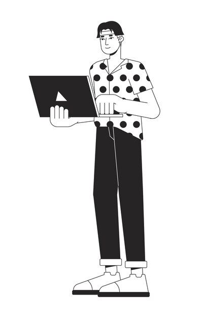 Beschäftigter asiatischer Arbeiter, flache Linie, schwarz-weißer Vektorcharakter, editierbare Umrisse, Ganzkörper-Freiberufler-Programmierung, einfache Cartoon-isolierte Spot-Illustration für Web-Grafikdesign