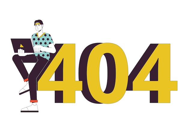 Beschäftigter asiatischer Mann, der an einem Laptop arbeitet, Fehler 404-Flash-Meldung, Remote-Arbeit, leerer Zustand, UI-Design, Seite nicht gefunden, Popup-Cartoon-Bild, flaches Vektor-Illustrationskonzept auf weißem Hintergrund